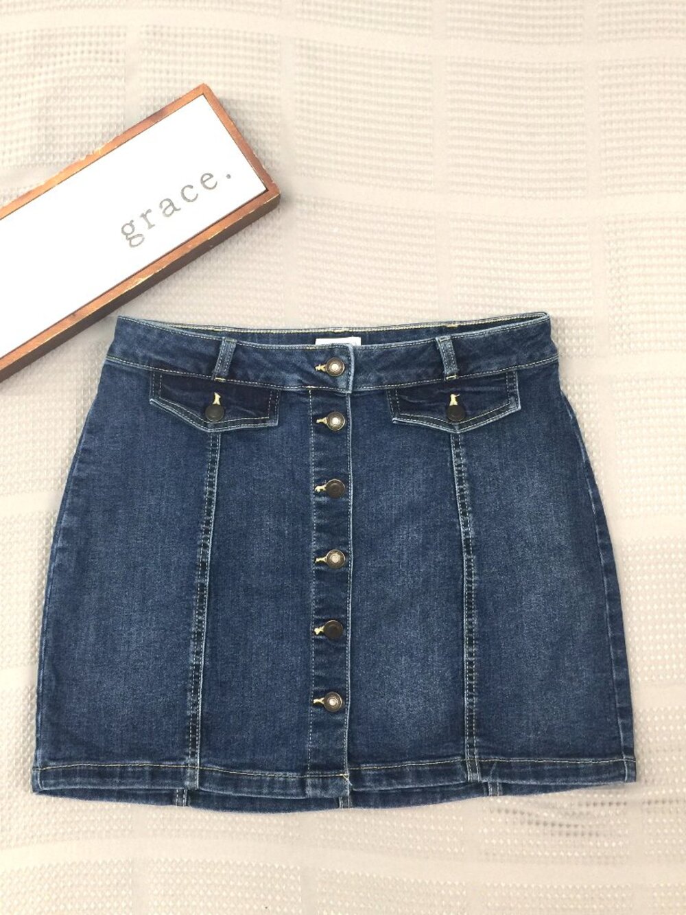 SO button front denim stretch jean mini skirt size 13